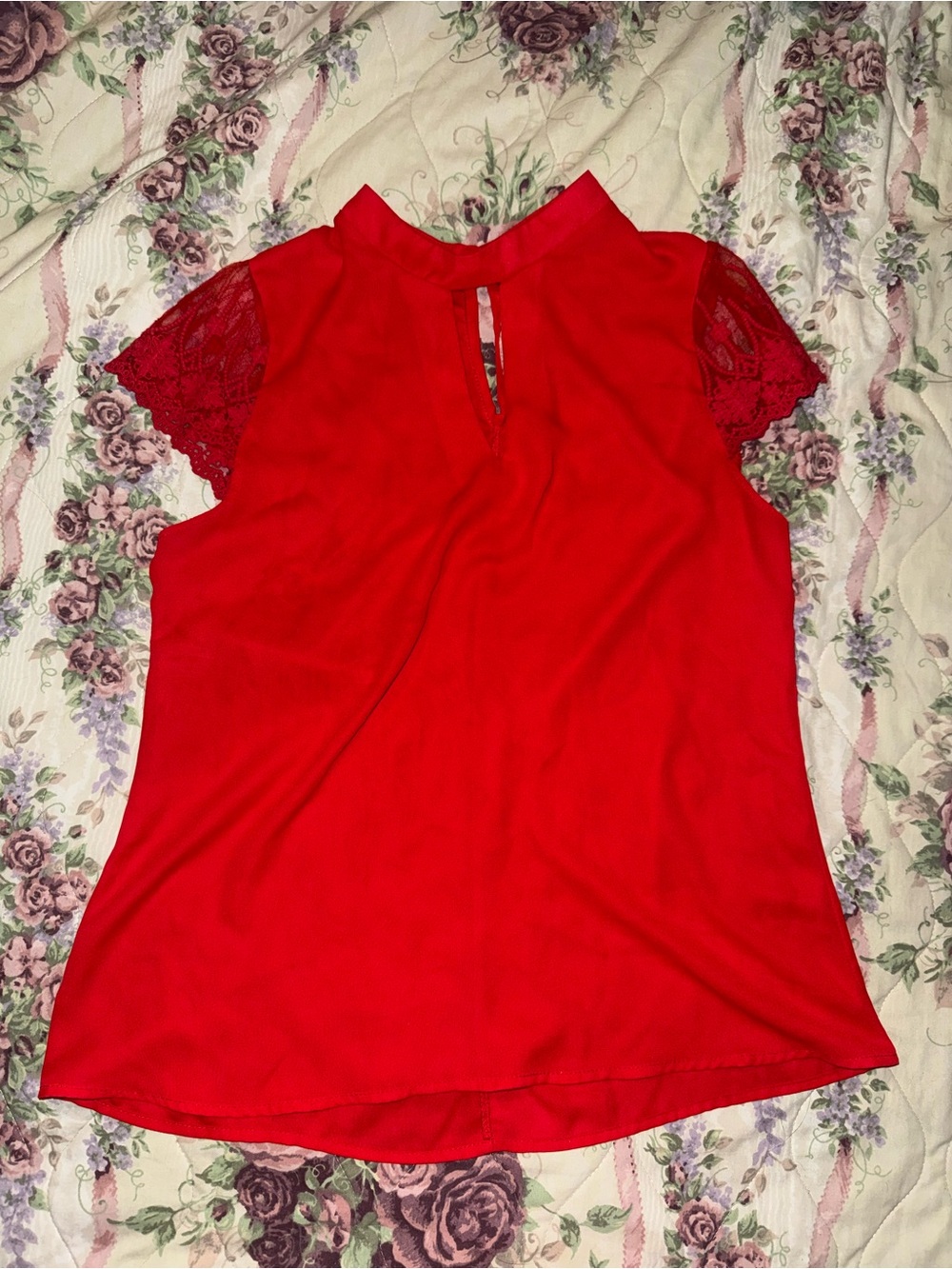 Women's Red Lace Sleeve Mock Neck Blouse super flattering key hole detail